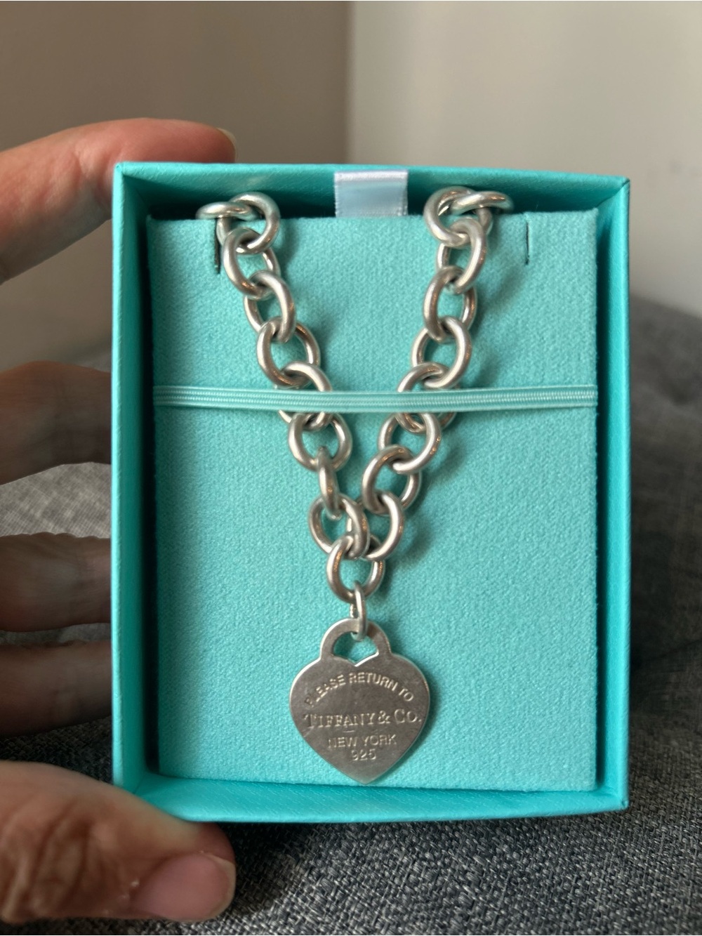 Tiffany & Co. Silver Heart Tag Link Necklace with Iconic Blue Box